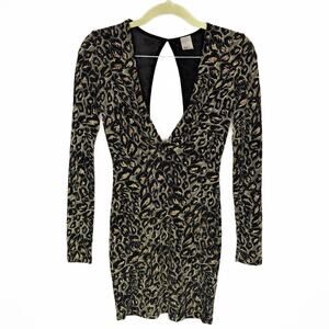 monaco USA Black Metallic Glitter Leopard Semi Sheer Plunge‎ Bodycon Dress Small